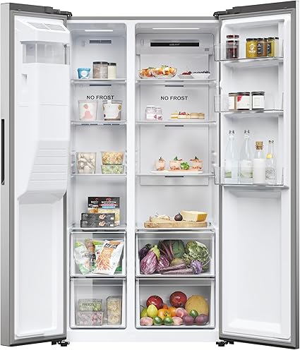 Haier SBS 90 Series 5 Freestanding American Fridge Freezer with Water & Ice Dispenser, Side by Side, Total No Frost, D Class, 511L Total Capacity, Quiet, Platinum Inox, 91x66x177.5 cm - HSR5918DIMP [Energy Class D]