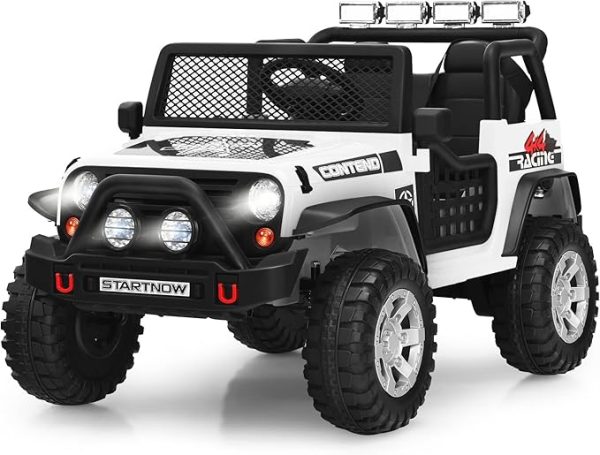 COSTWAY 12V Kids Electric Ride on Truck, Battery Powered Off-road Car with Remote Control, LED Lights, Horn, Music, 4 Spring Suspension Wheels Vehicle Toy for Children (White)